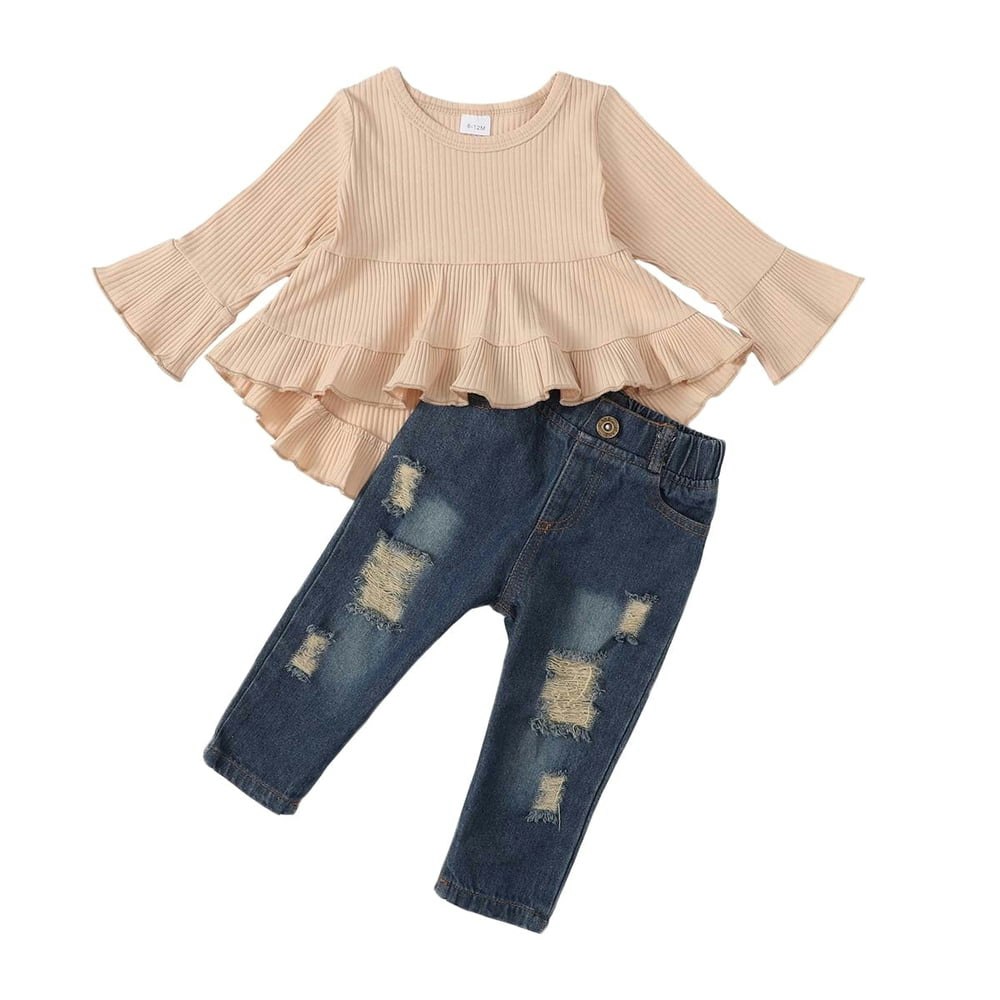Baby Girls 2-Piece Long Sleeve Top and Denim Pants Outfit Set: $15.29