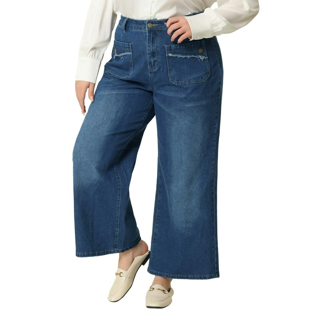 Grace & Grandeur Women's Plus Size High Waisted Wide Leg Stretch Denim Palazzo Pants: $32.49
