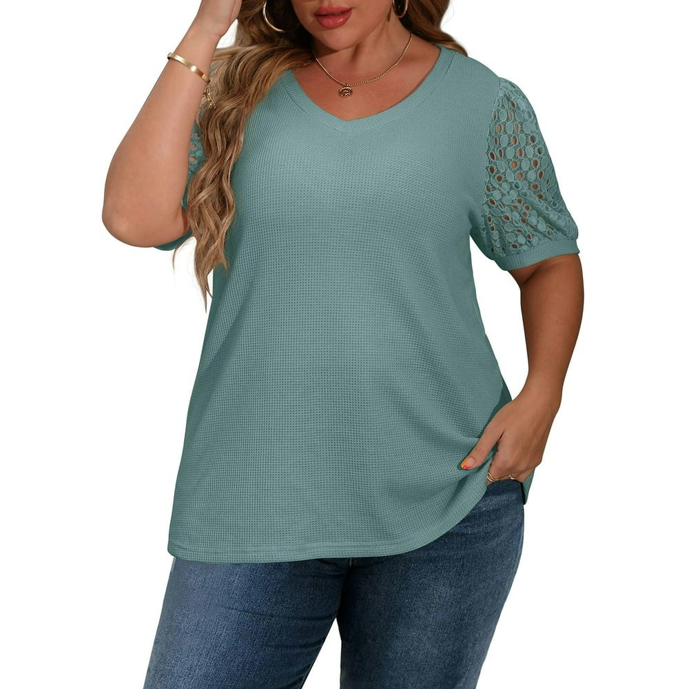 JWD Women's Waffle Knit Lace Sleeve Blouse: $14.84