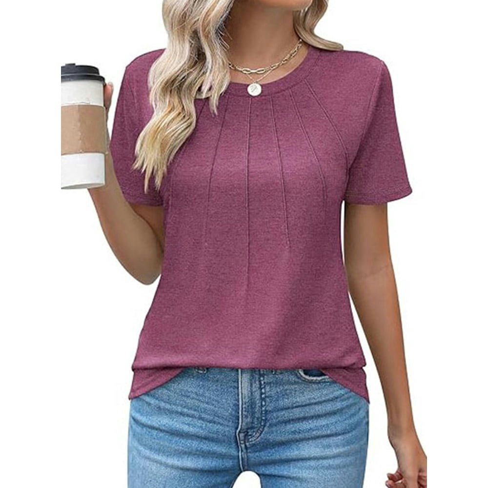 Women's Short Sleeve Pleated Crew Neck Blouse: $8.97