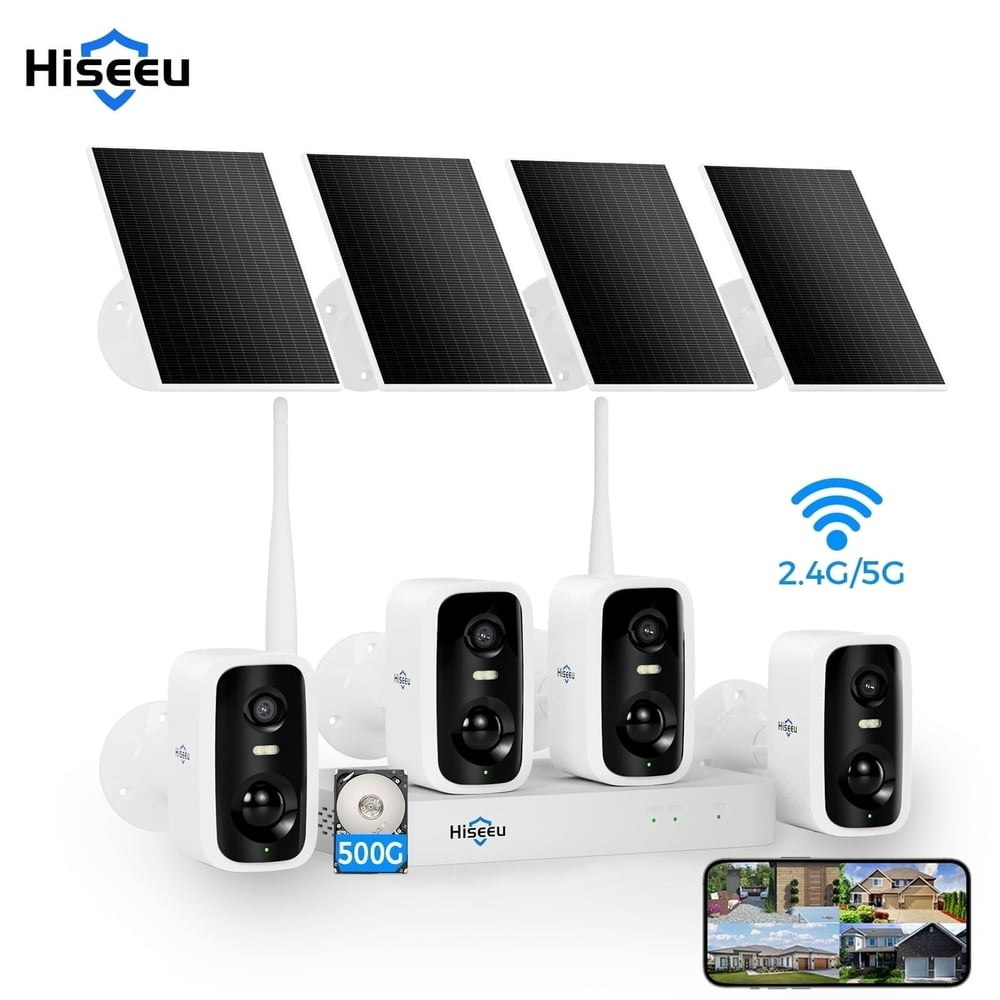 Hiseeu 4MP Solar WiFi Security Camera System with 500GB HDD: $188.99