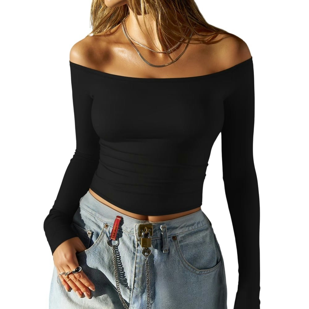 Moyiko Women's Off-the-Shoulder Long-Sleeve Fitted Top: $13.38 Moyiko Women's Off-the-Shoulder Long-Sleeve Fitted Top: $13.38