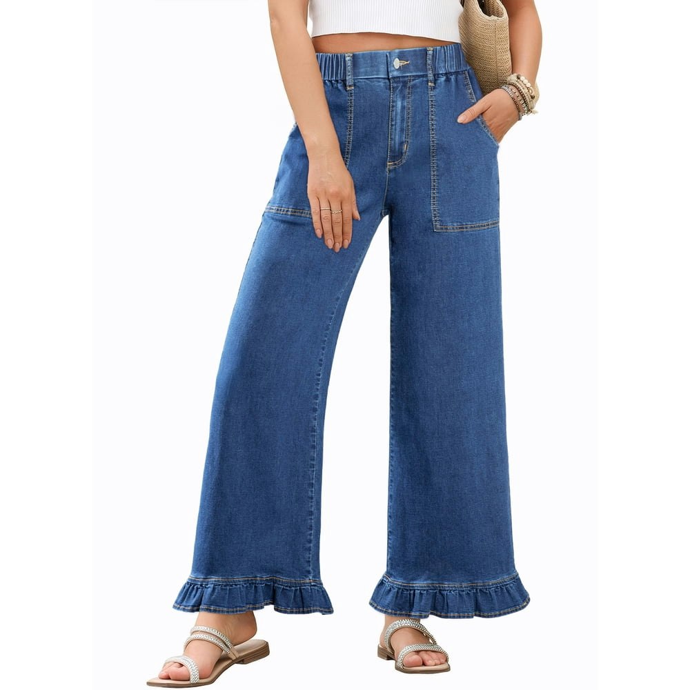 Dokotoo Women's High-Waisted Wide-Leg Ruffle-Hem Jeans: $32.99
