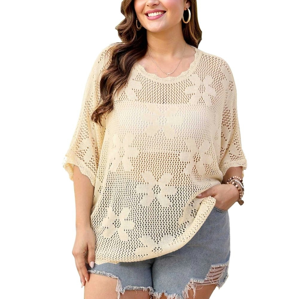 Cogild Women's Plus Size Floral Crochet Knit Top: $13.49