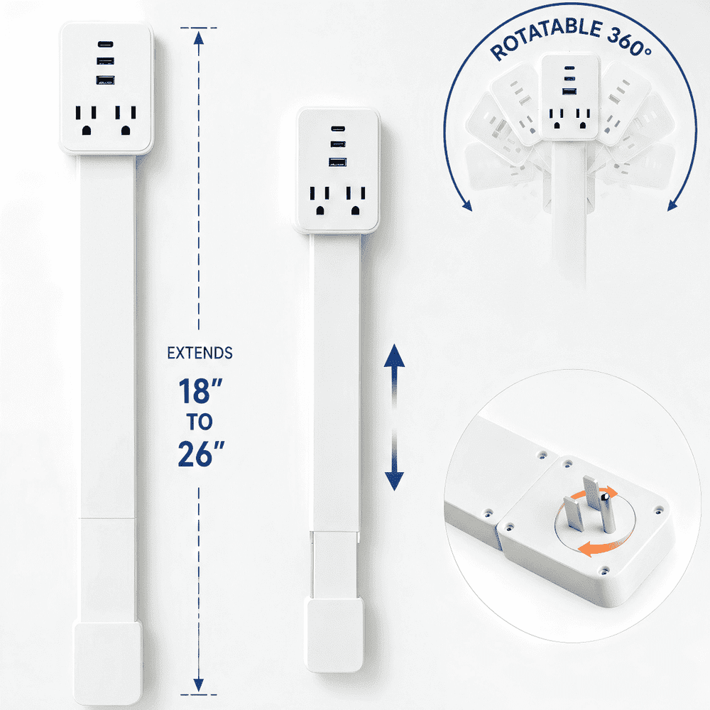 Dtird 18-26-Inch Adjustable Outlet Extender with USB-C and USB-A: $32.21 Dtird 18-26-Inch Adjustable Outlet Extender with USB-C and USB-A: $32.21