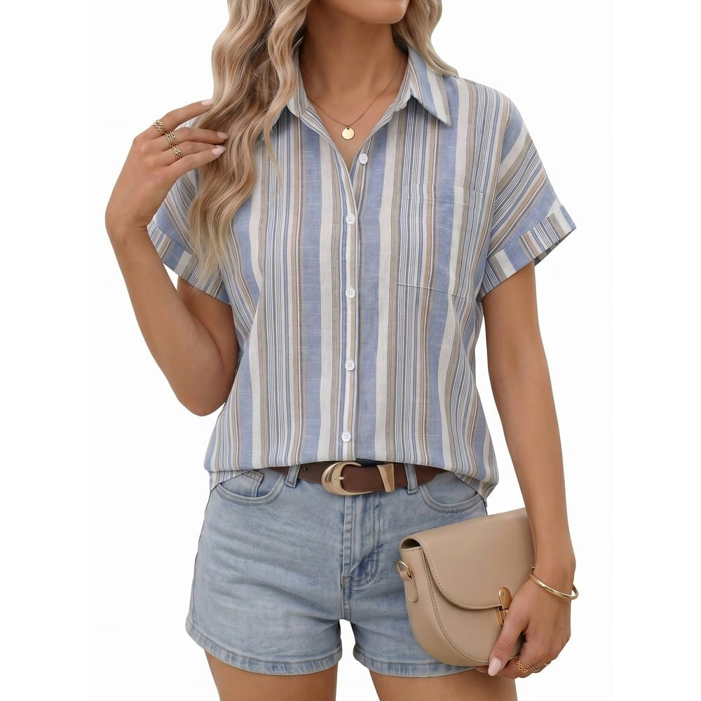 Moyiko Women's Short Sleeve Striped V-Neck Blouse: $13.88