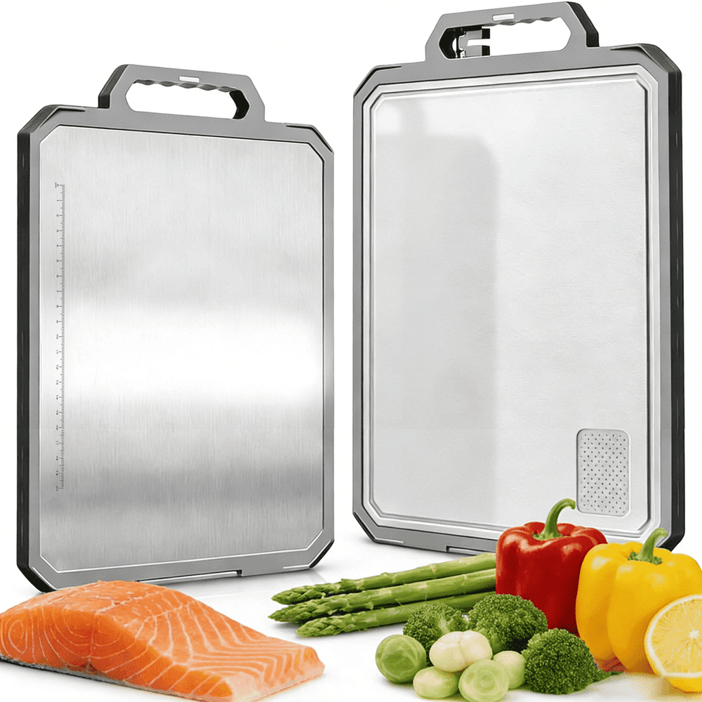 MoonSun 16"x12" 2-in-1 Stainless Steel and Wheat Straw Cutting Board: $18.79