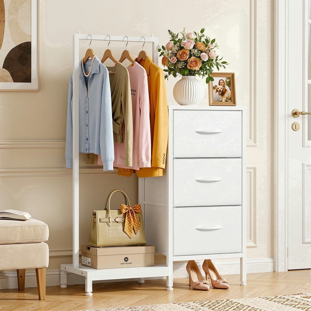 Higdbfe Dresser with Hanging Rack and 3 Fabric Drawers: $36.99 Higdbfe Dresser with Hanging Rack and 3 Fabric Drawers: $36.99
