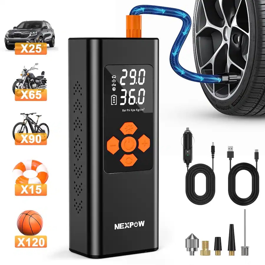 NEXPOW 150-PSI 7500mAh Cordless Air Compressor Tire Inflator: $28