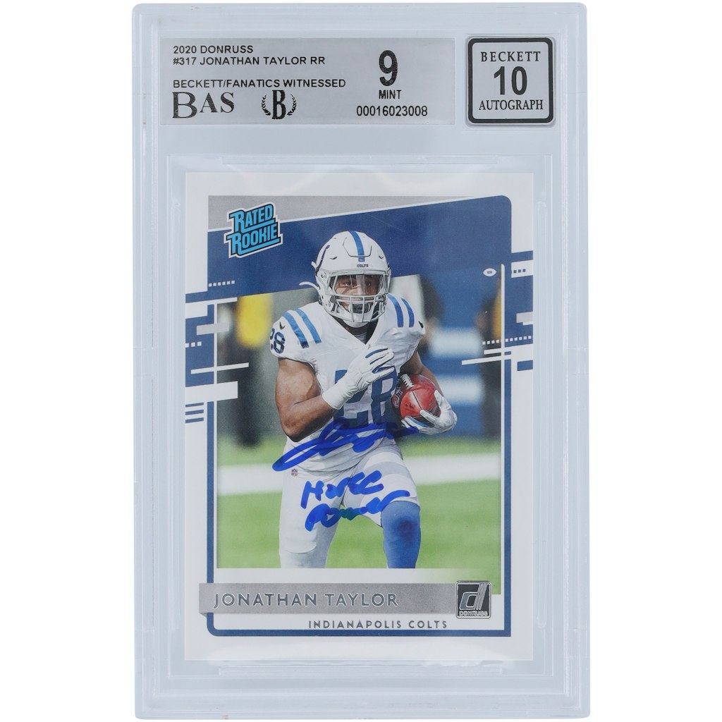 Jonathan Taylor Indianapolis Colts Autographed 2020 Panini Donruss Rated Rookie Card: $349.99 Jonathan Taylor Indianapolis Colts Autographed 2020 Panini Donruss Rated Rookie Card: $349.99