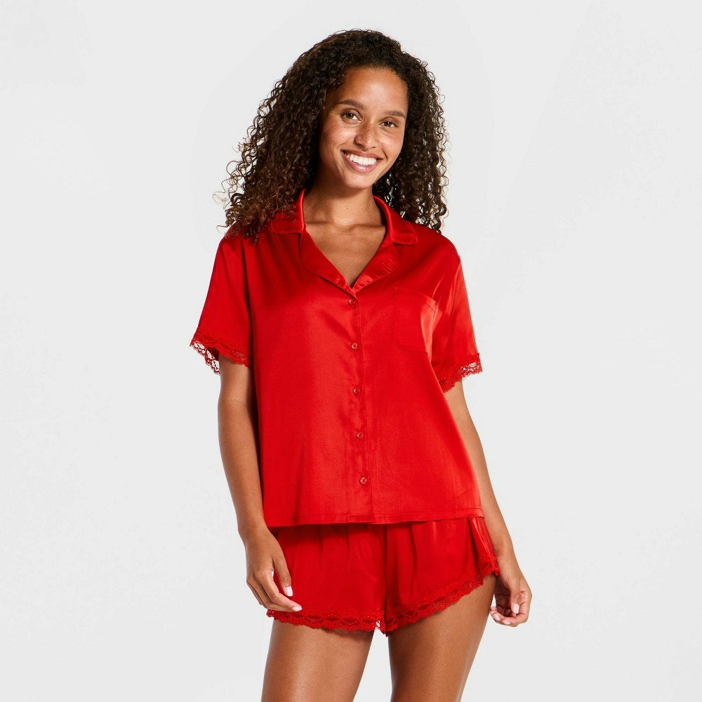 Women's Lace Trim Satin Short Sleeve Notch Collar Pajama Set: $25 Women's Lace Trim Satin Short Sleeve Notch Collar Pajama Set: $25
