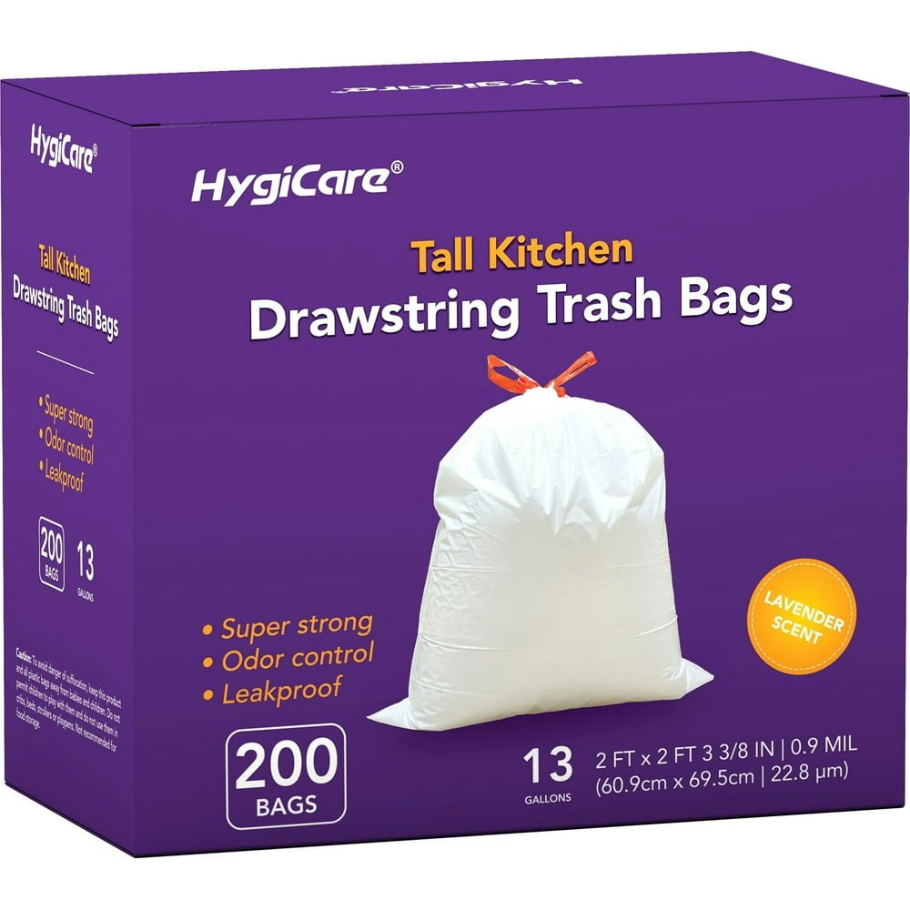HygiCare 13-Gallon Tall Kitchen Drawstring Trash Bags 200-Count: $27.39