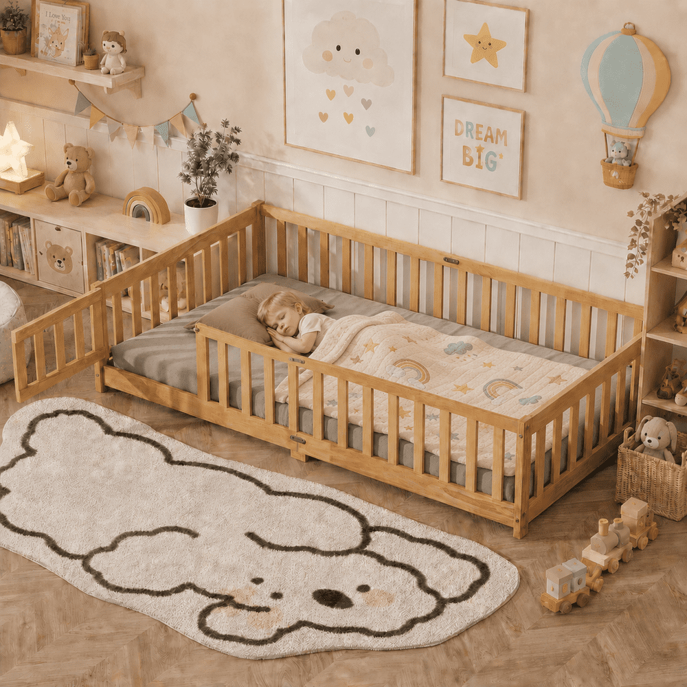 Uhomepro Twin Floor Bed with Fence and Door: $88.09 Uhomepro Twin Floor Bed with Fence and Door: $88.09