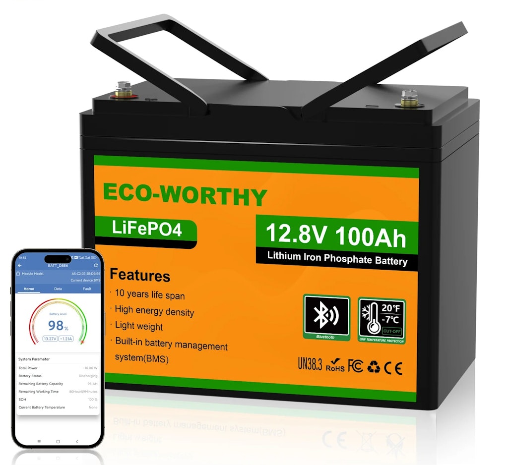 ECO-Worthy 12V 100Ah LiFePO4 Lithium Battery w/ Bluetooth: $113