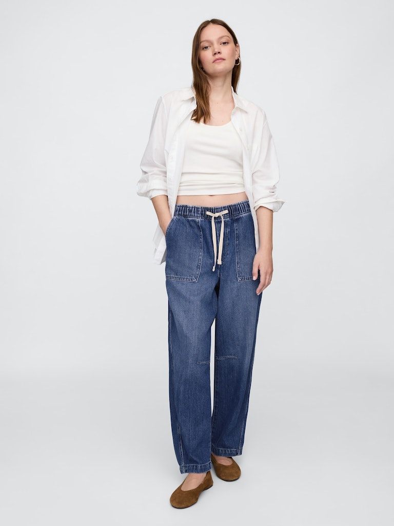 Mid Rise Pull-On Barrel Jeans: $39.99