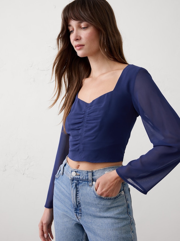 Cropped Shirred Sweetheart-Neck Top: $32 Cropped Shirred Sweetheart-Neck Top: $32