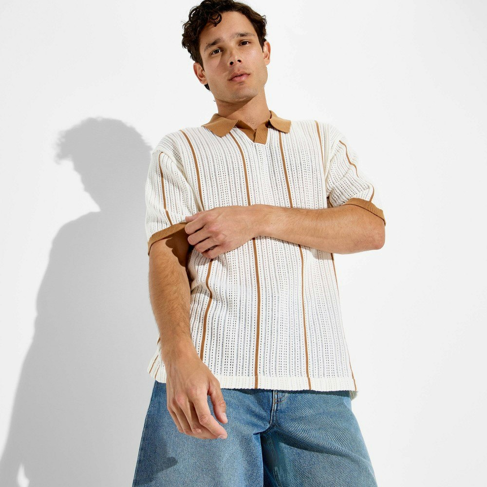Original Use Men's Striped Johnny Collar Short Sleeve Sweater Polo: $30