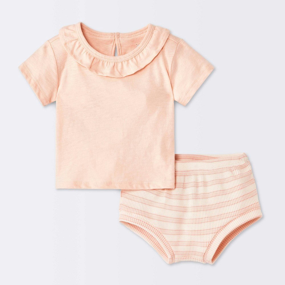 Baby Girls' Striped Ruffle Short Sleeve T-Shirt and Waffle Bloomer 2-Piece Set: $12