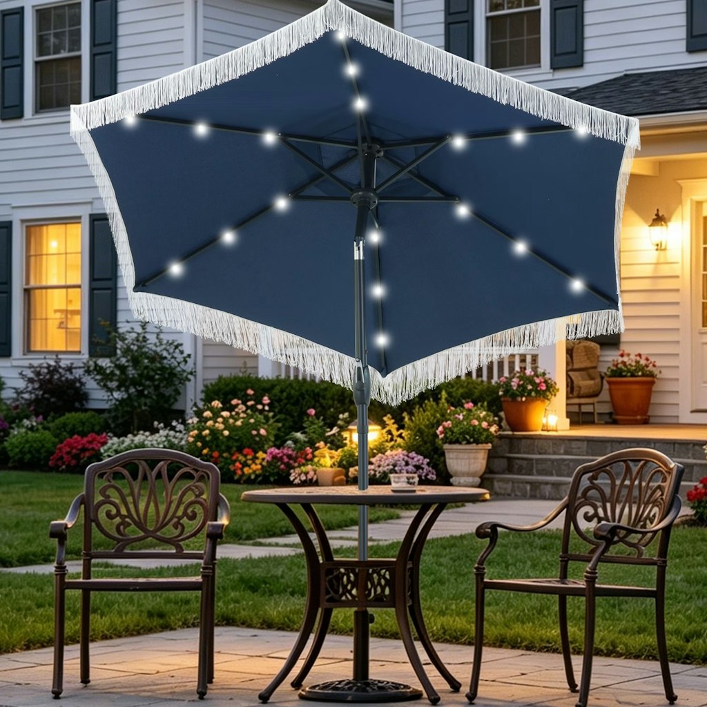 7.5-Foot Fringe Patio Umbrella w/ LED Lights: $34