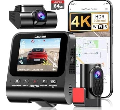 JZONES Front & Rear 4K Dash Cam w/ 64GB Card: $40