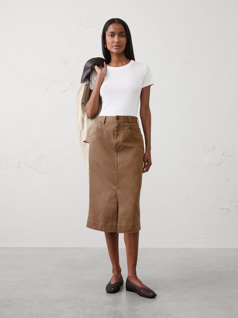 Denim Slit-Front Midi Skirt: $55 Denim Slit-Front Midi Skirt: $55