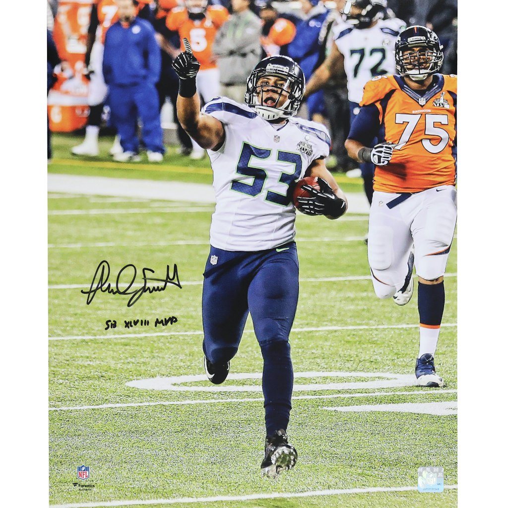 Malcolm Smith Autographed 16" x 20" Seattle Seahawks Super Bowl XLVIII Interception Photograph: $99.99 Malcolm Smith Autographed 16" x 20" Seattle Seahawks Super Bowl XLVIII Interception Photograph: $99.99