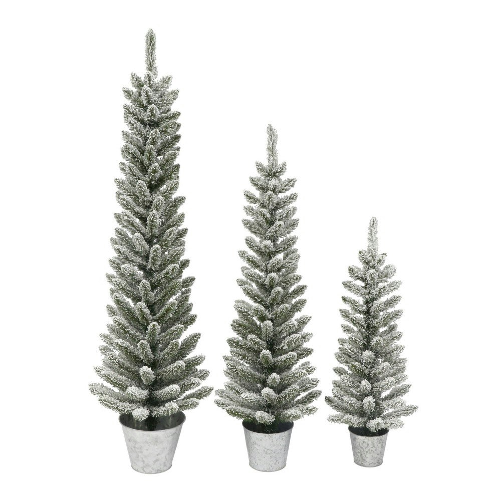 Puleo 3-Piece Flocked Pencil Artificial Christmas Tree in Galvanized Pot: $89.99 Puleo 3-Piece Flocked Pencil Artificial Christmas Tree in Galvanized Pot: $89.99