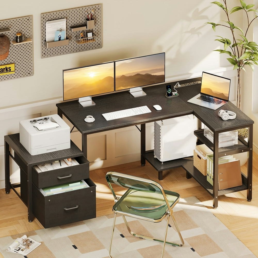 55-Inch L-Shaped Office Desk with Power Outlets and Storage: $72.49