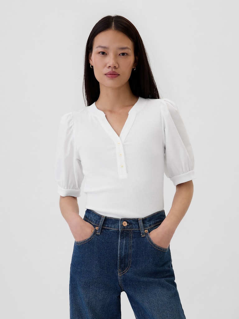 Ribbed Henley Puff Sleeve Top: $27.99 Ribbed Henley Puff Sleeve Top: $27.99
