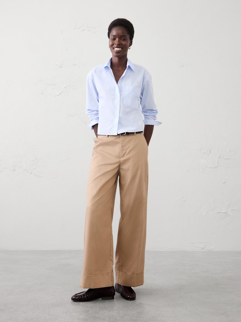 Wide-Leg Mid-Rise Drapey Twill Cuffed Pant: $55 Wide-Leg Mid-Rise Drapey Twill Cuffed Pant: $55