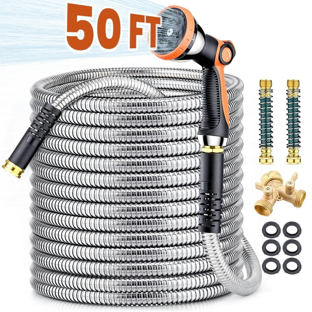 50-Foot Stainless Steel Garden Hose with 10-Mode Nozzle Sprayer: $32.99 50-Foot Stainless Steel Garden Hose with 10-Mode Nozzle Sprayer: $32.99