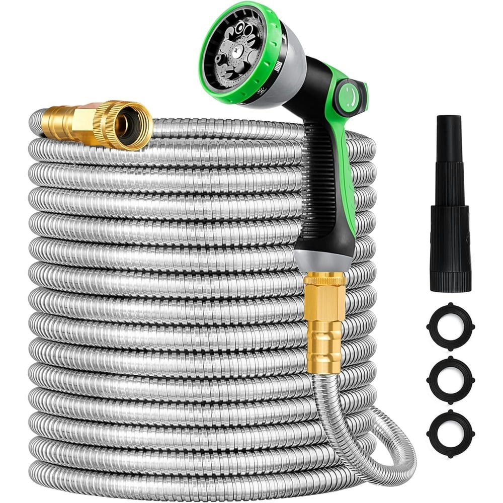 100-Foot Stainless Steel Garden Hose with 10-Function Nozzle: $45.99 100-Foot Stainless Steel Garden Hose with 10-Function Nozzle: $45.99