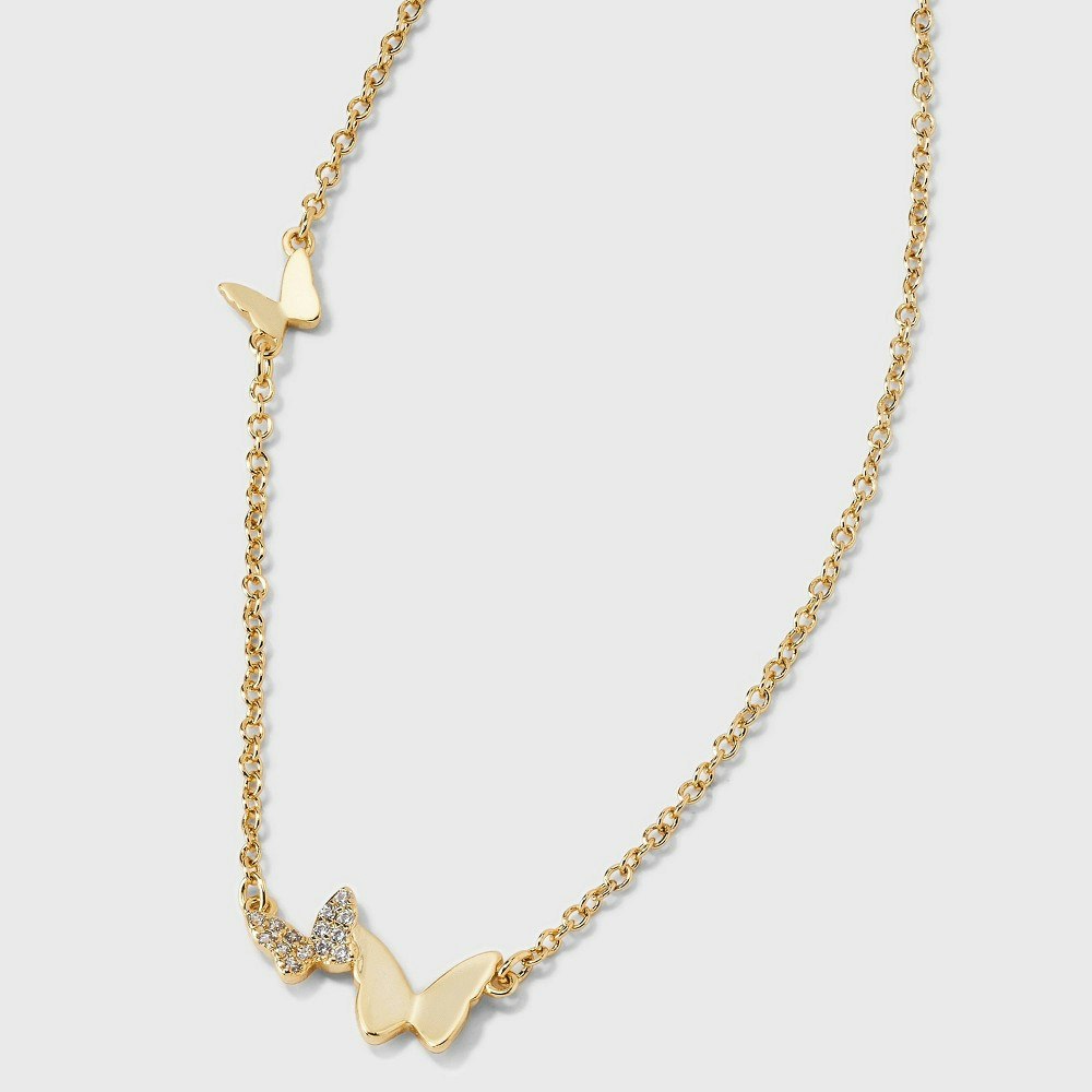 14K Gold-Dipped Cubic Zirconia Triple Butterfly Station Necklace: $25 14K Gold-Dipped Cubic Zirconia Triple Butterfly Station Necklace: $25