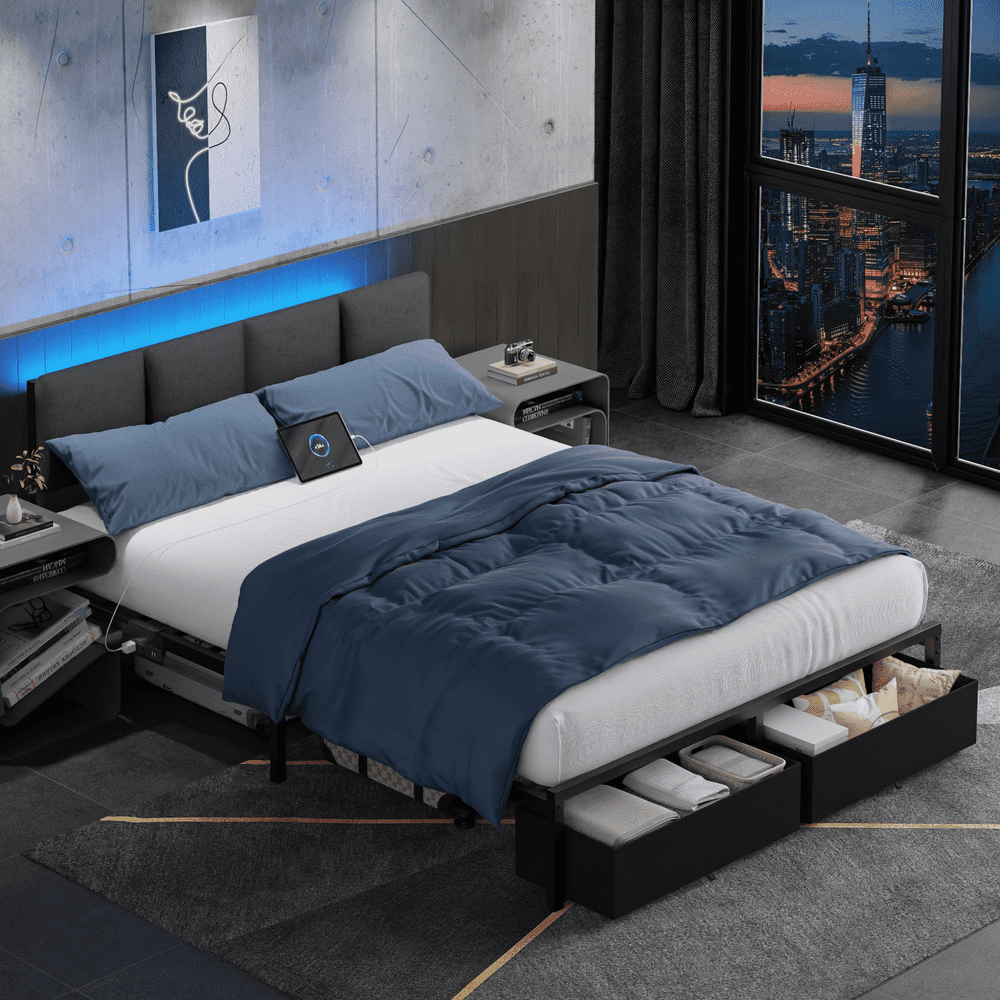 Tydimor Queen Upholstered Bed Frame with LED Lights, Drawers, and Charging Station: $118.99 Tydimor Queen Upholstered Bed Frame with LED Lights, Drawers, and Charging Station: $118.99
