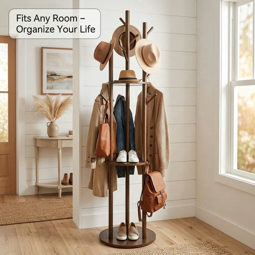 Yuchang Freestanding Rotary Coat Rack with 3 Shelves and 9 Hooks: $47.99 Yuchang Freestanding Rotary Coat Rack with 3 Shelves and 9 Hooks: $47.99