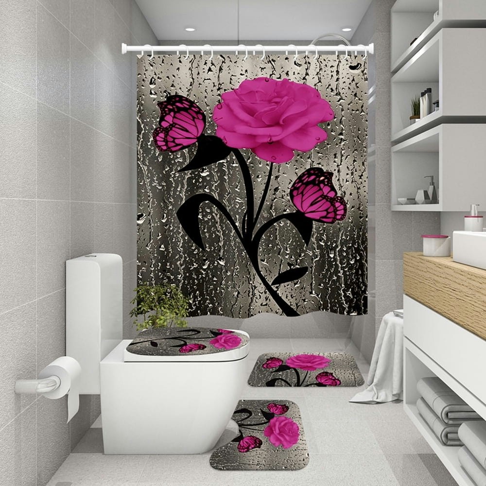 Pink Rose Shower Curtain and Bath Mat 4-Piece Set: $19.90