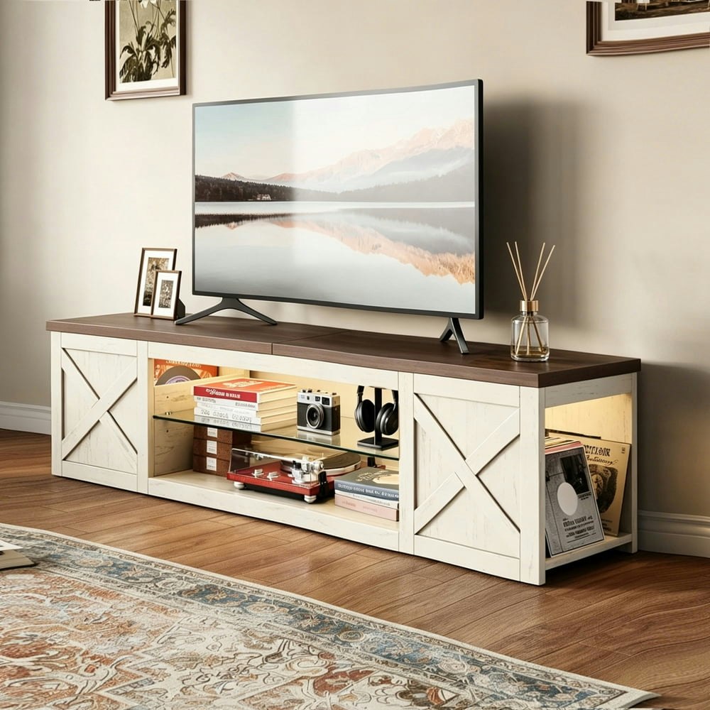 Homrelexa Farmhouse 65-inch TV Stand with LED Lights: $89.99