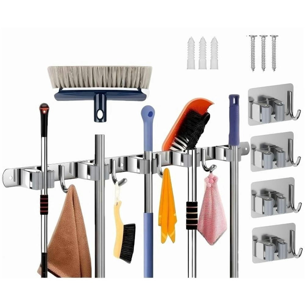 Wuxiuli Stainless Steel Wall-Mount Broom Holder with 5 Racks and 4 Hooks: $15.99 Wuxiuli Stainless Steel Wall-Mount Broom Holder with 5 Racks and 4 Hooks: $15.99