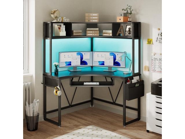 Corner Desk with Hutch and LED Lights: $175.99 Corner Desk with Hutch and LED Lights: $175.99