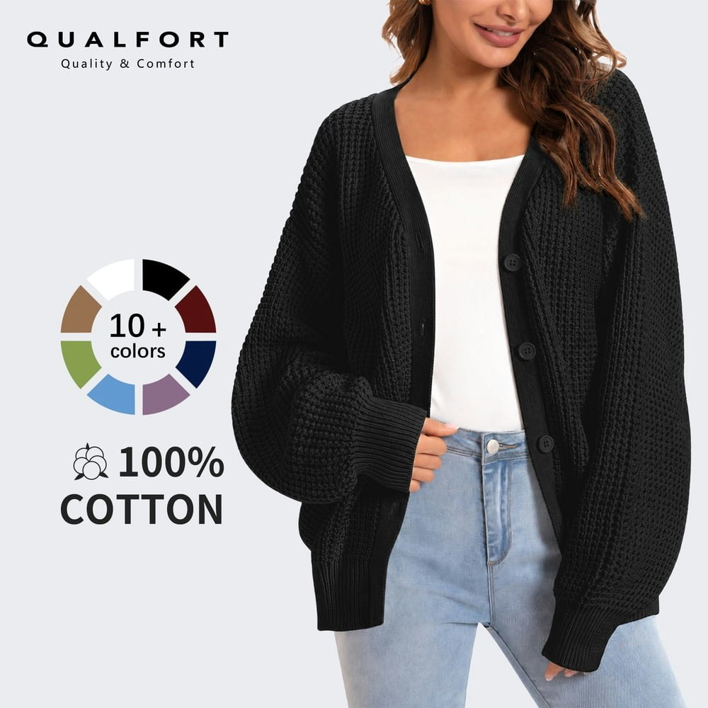 Qualfort Women's 100% Cotton V-Neck Chunky Knit Cardigan Sweater: $29.99 Qualfort Women's 100% Cotton V-Neck Chunky Knit Cardigan Sweater: $29.99