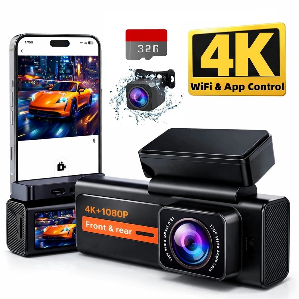 4K Front and 1080p Rear Dash Cam with 32GB SD Card: $39.99 4K Front and 1080p Rear Dash Cam with 32GB SD Card: $39.99