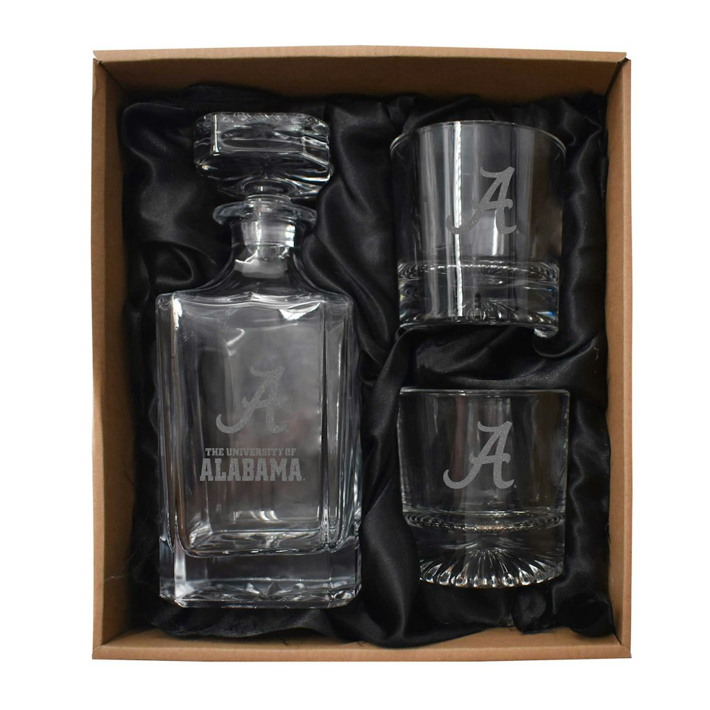 Alabama Crimson Tide Three-Piece Decanter and Rocks Glass Set: $109.99 Alabama Crimson Tide Three-Piece Decanter and Rocks Glass Set: $109.99