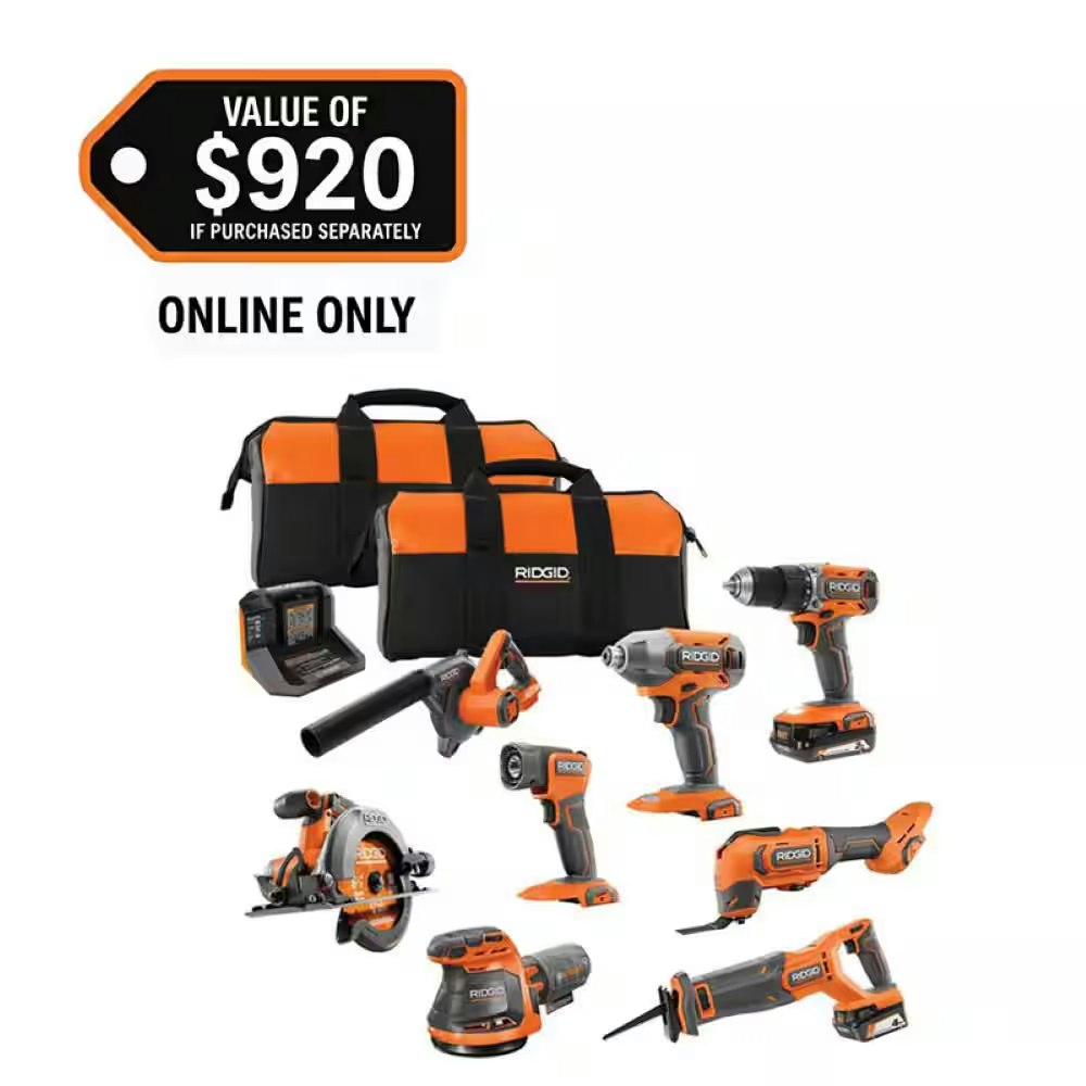Ridgid 18V Cordless 8-Tool Combo Kit w/ 2.0 Ah Battery, 4.0 Ah Battery & Charger: $299 Ridgid 18V Cordless 8-Tool Combo Kit w/ 2.0 Ah Battery, 4.0 Ah Battery & Charger: $299