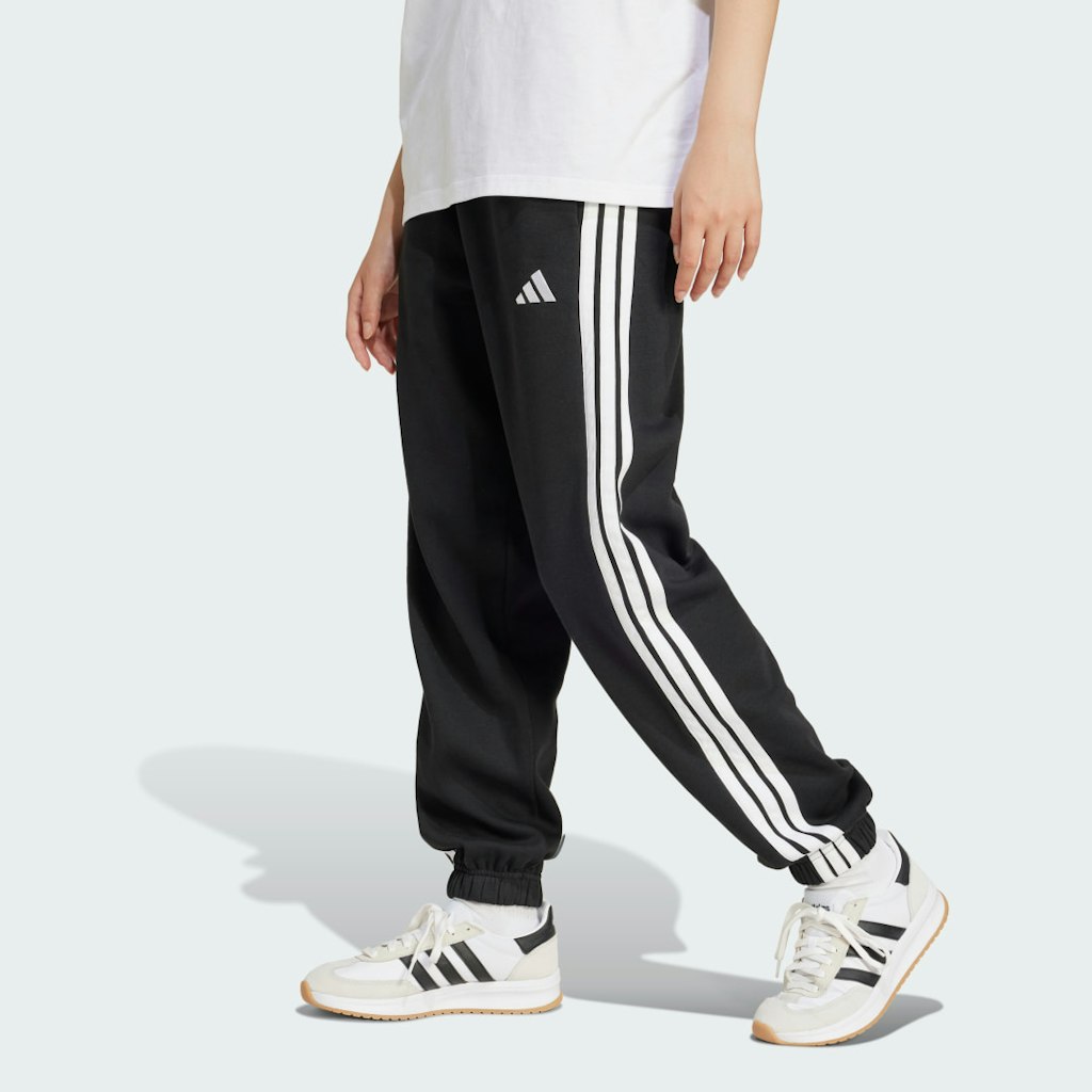 Essentials 3-Stripes Fleece Loose-Fit Pants: $50 Essentials 3-Stripes Fleece Loose-Fit Pants: $50