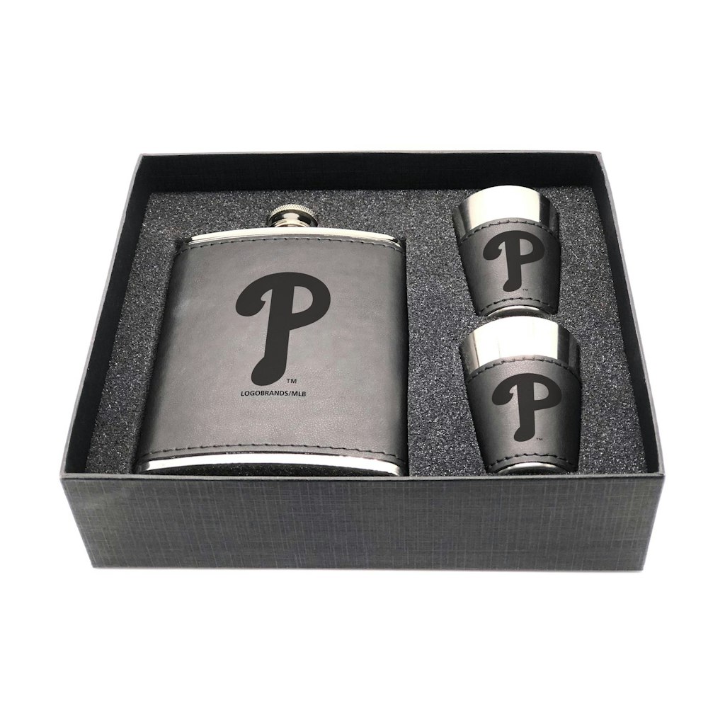 Philadelphia Phillies 3-Piece Leather Flask and Shot Glass Set: $74.99 Philadelphia Phillies 3-Piece Leather Flask and Shot Glass Set: $74.99