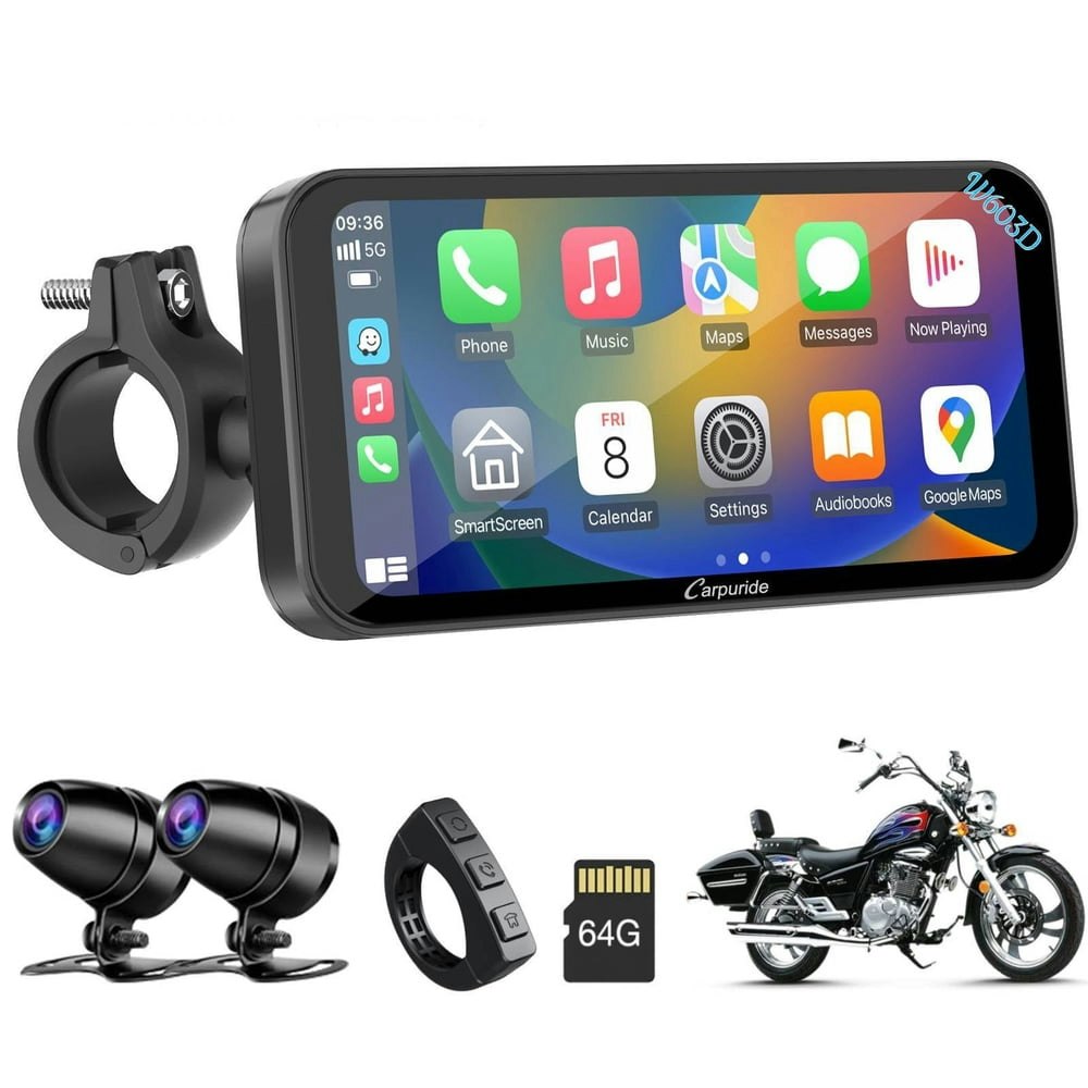 Carpuride 603D Dual 1080p Motorcycle CarPlay Screen and Dash Cam: $176