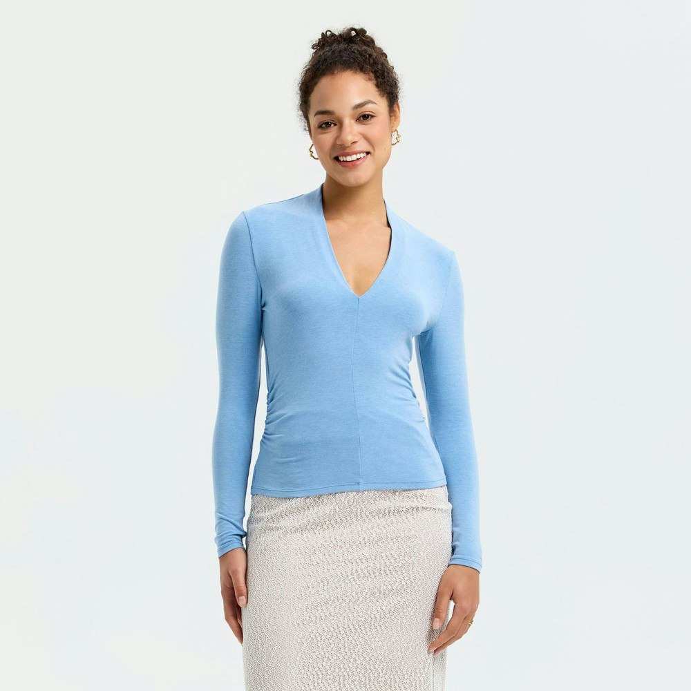 A New Day Women's Long Sleeve V-Neck Ruched Knit Top: $18 A New Day Women's Long Sleeve V-Neck Ruched Knit Top: $18