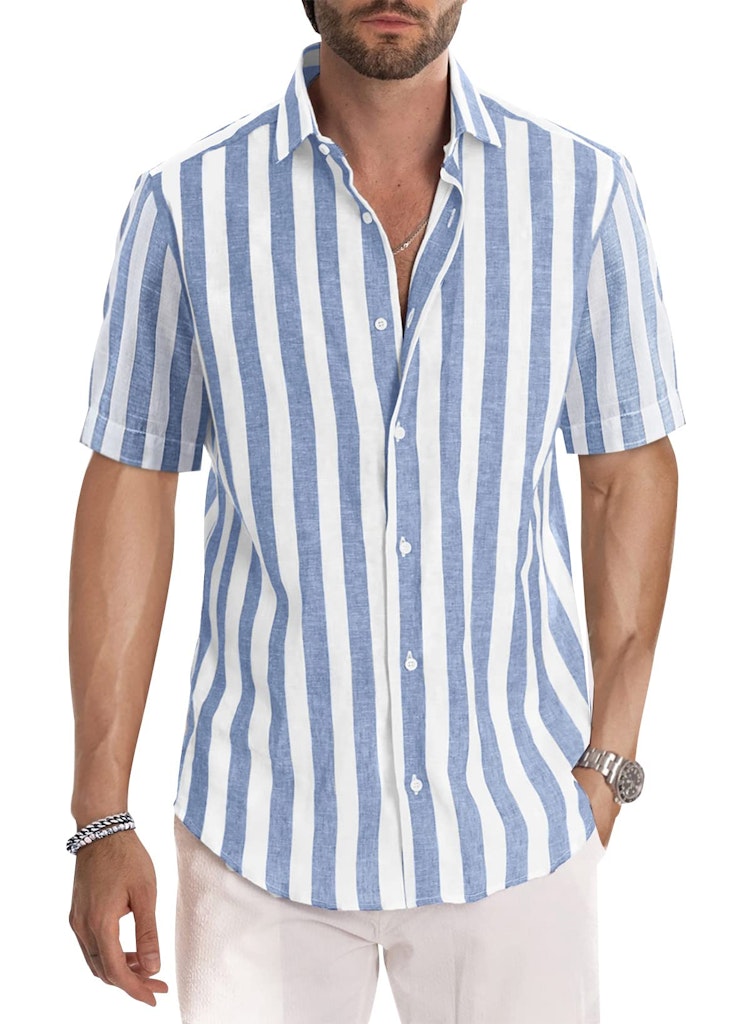 Men's Striped Button-Up Short Sleeve Dress Shirt: $15