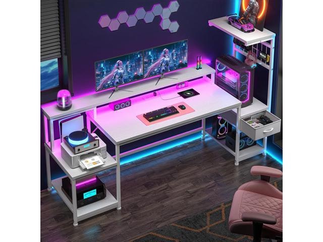 63-Inch Computer Desk with LED Lights, Drawers, Monitor Stand, and Shelves: $218.99