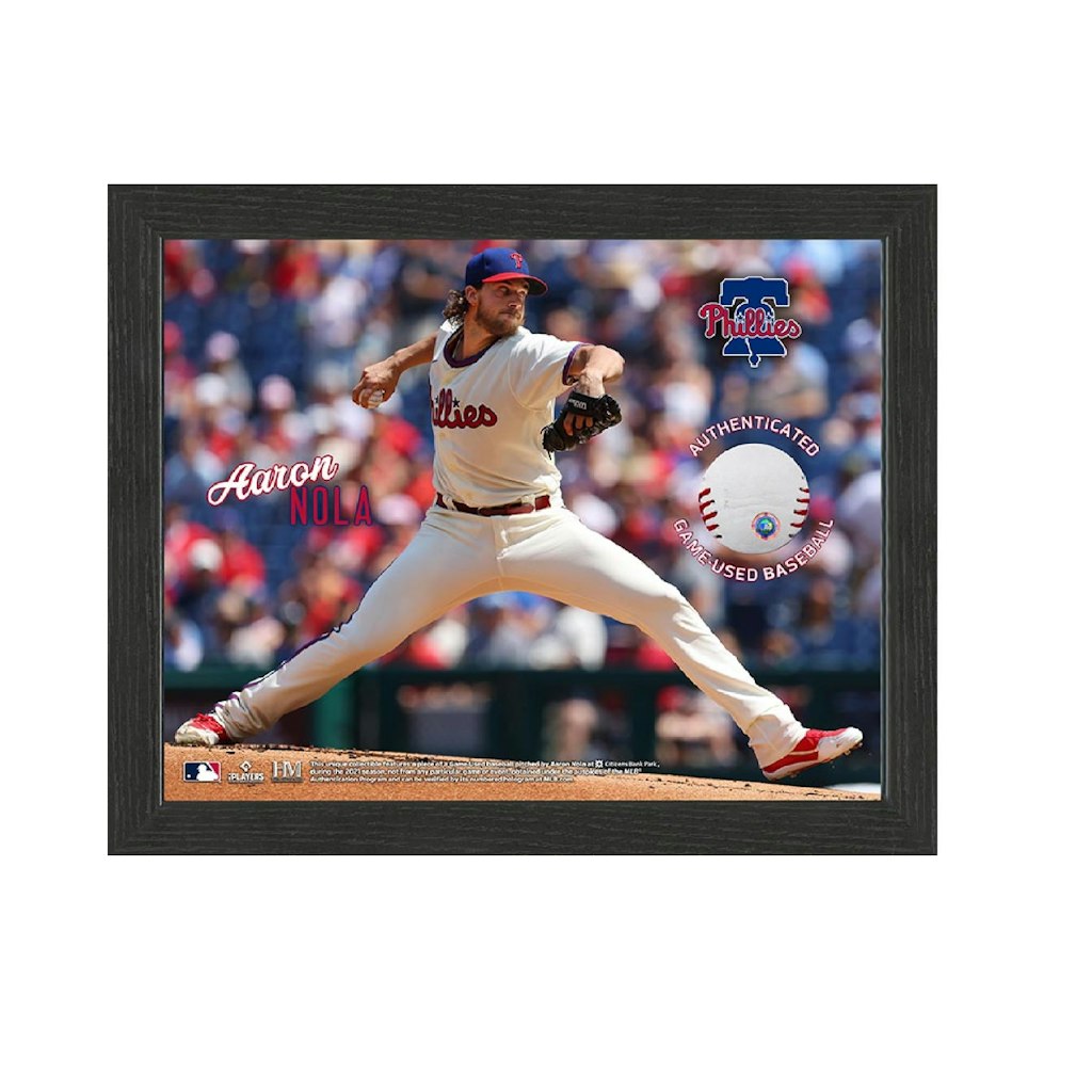 Aaron Nola Philadelphia Phillies Framed Photograph and Game-Used Ball Swatch: $49.99 Aaron Nola Philadelphia Phillies Framed Photograph and Game-Used Ball Swatch: $49.99